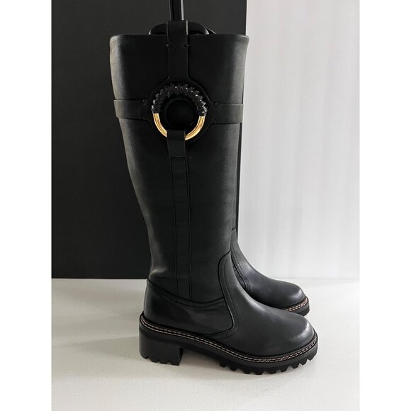 SEE BY CHLOE 45MM HANA LEATHER TALL BOOTS IN BLACK SIZE 38 - Picture 3 of 12